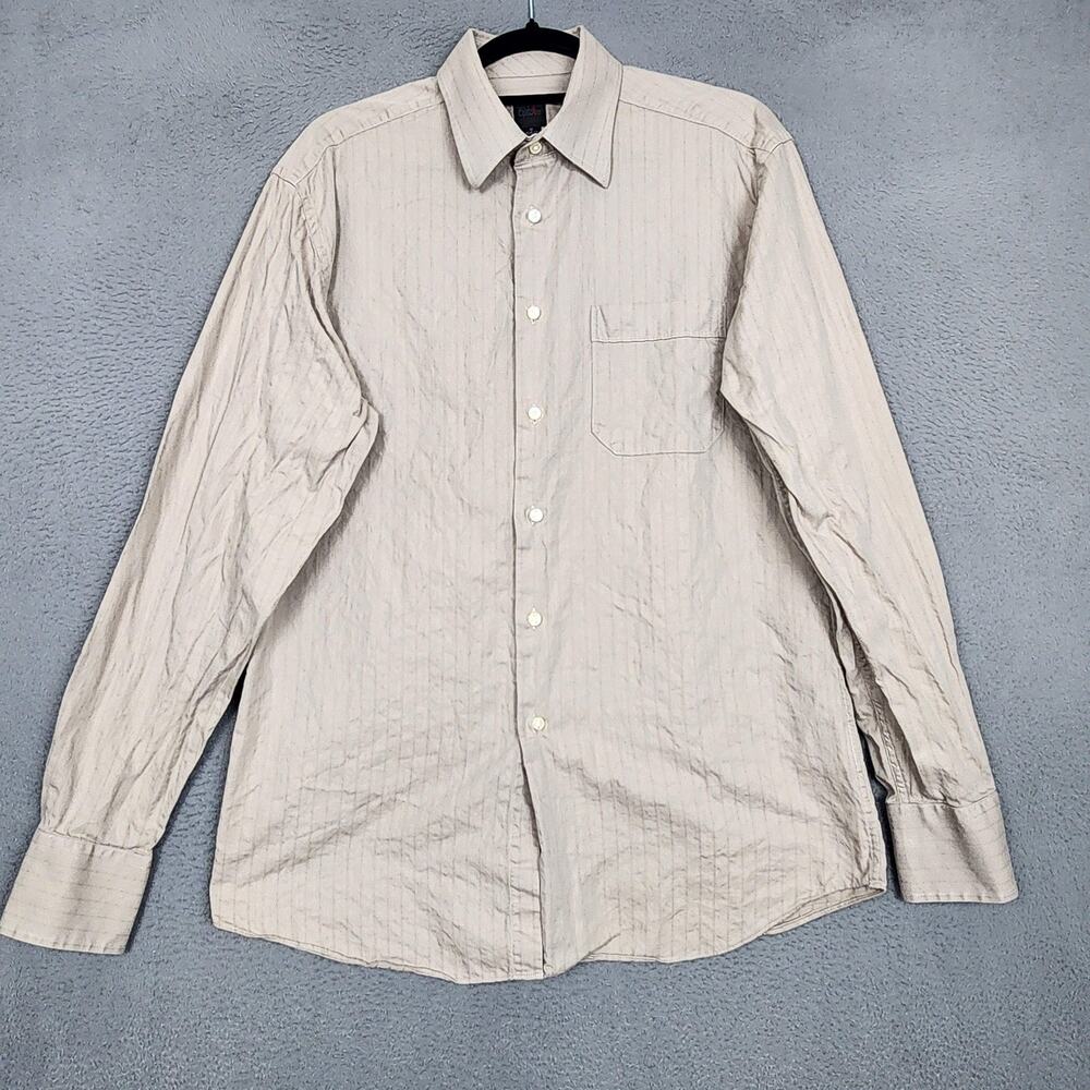 Billy London Dress Shirt Mens 15.5 34/35 Beige Stripe 100% Cotton Long Sleeve